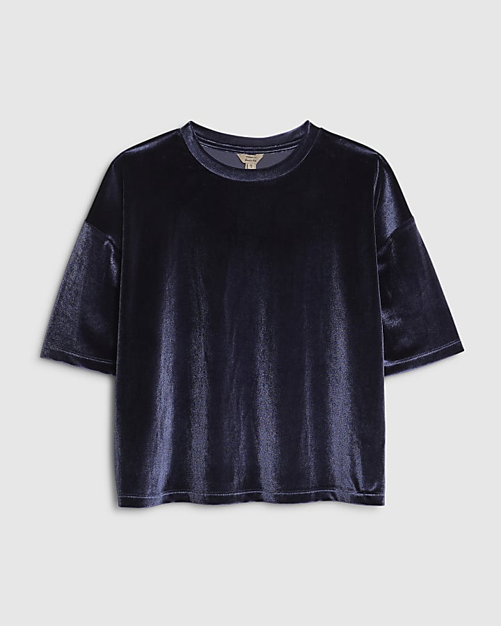 Navy Velvet Short Sleeve Boxy T-shirt