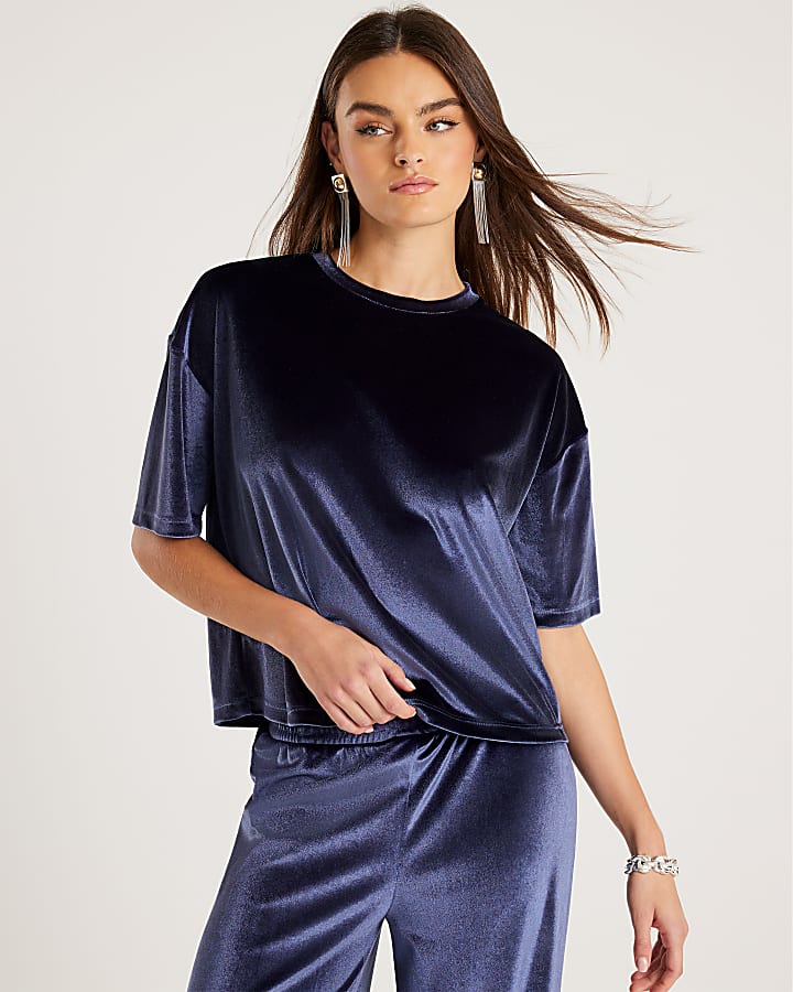 Navy Velvet Short Sleeve Boxy T-shirt
