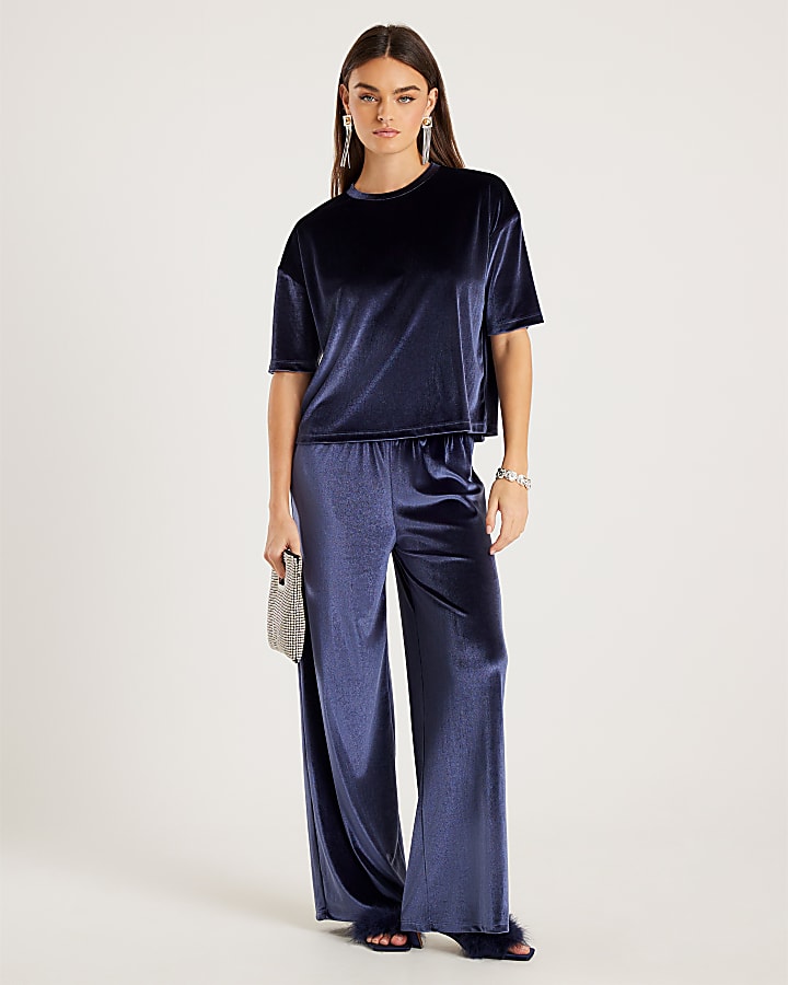 Navy Velvet Short Sleeve Boxy T-shirt