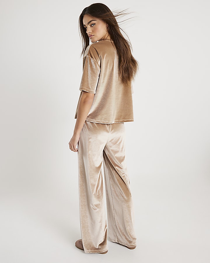 Beige Velvet Short Sleeve Boxy T-shirt