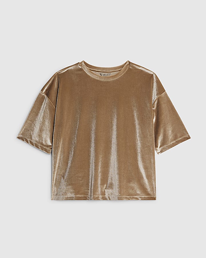 Beige Velvet Short Sleeve Boxy T-shirt