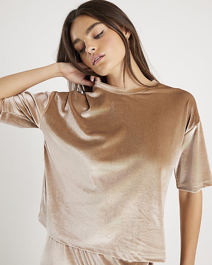 Beige Velvet Short Sleeve Boxy T-shirt