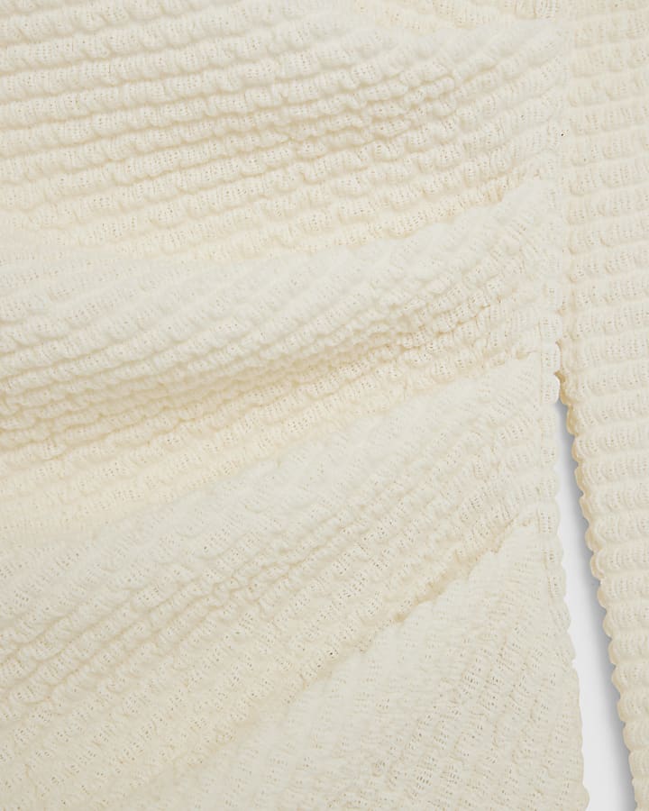 Cream Long Sleeve Waffle Textured Drape Top