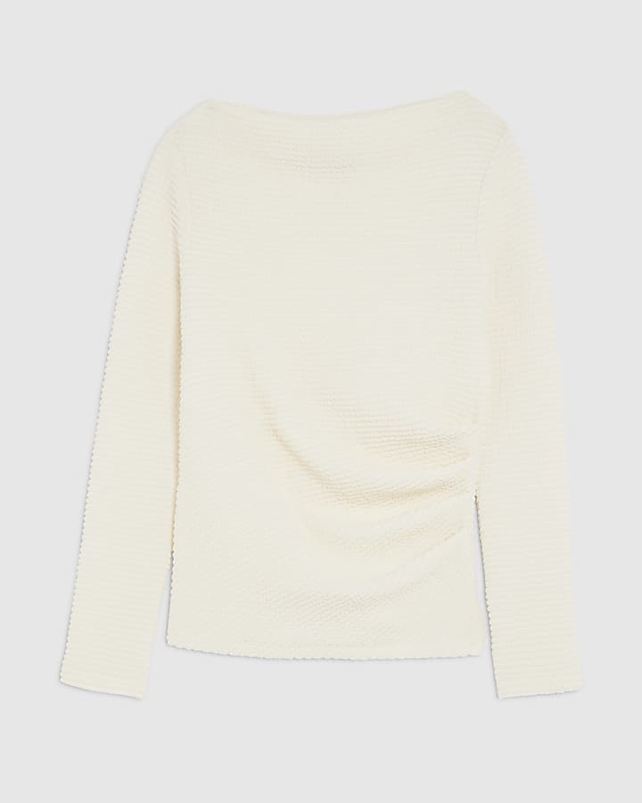 Cream Long Sleeve Waffle Textured Drape Top