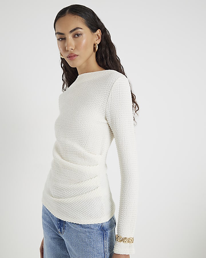 Cream Long Sleeve Waffle Textured Drape Top