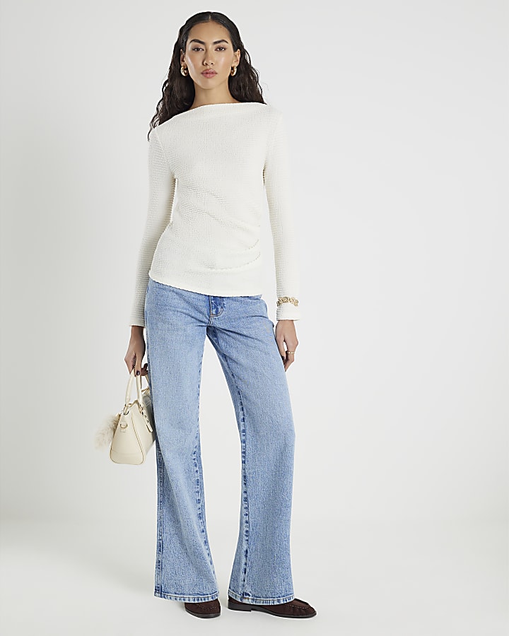 Cream Long Sleeve Waffle Textured Drape Top