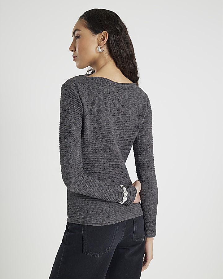 Grey Long Sleeve Waffle Textured Drape Top