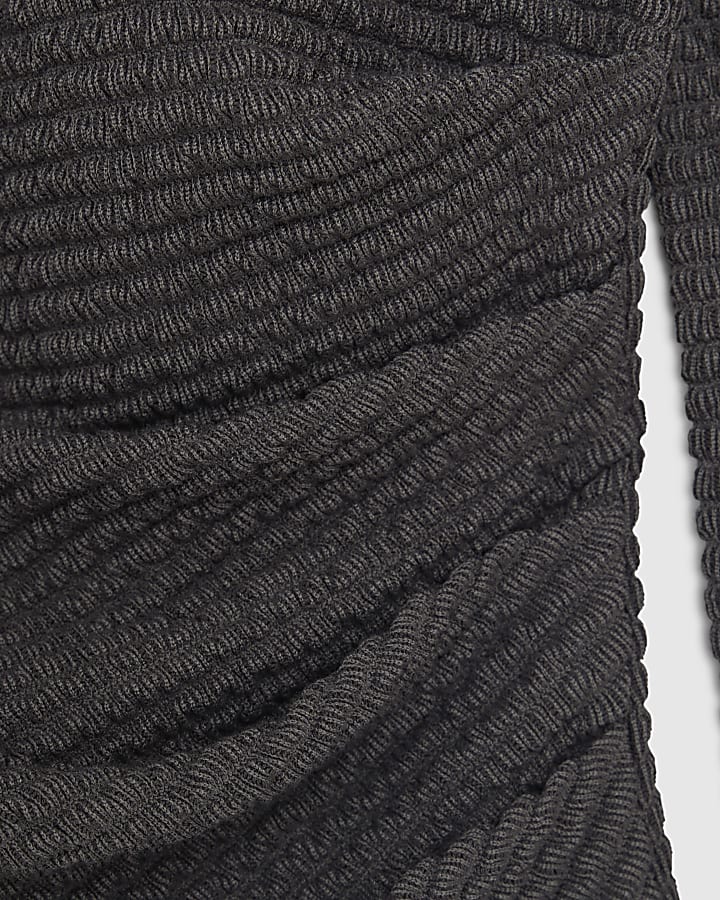 Grey Long Sleeve Waffle Textured Drape Top