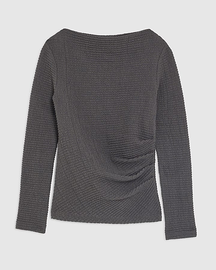 Grey Long Sleeve Waffle Textured Drape Top