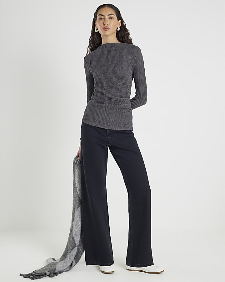 Grey Long Sleeve Waffle Textured Drape Top