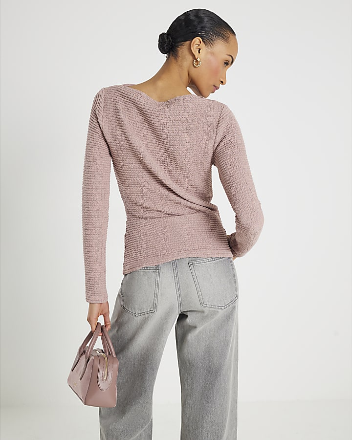 Pink Long Sleeve Waffle Textured Drape Top