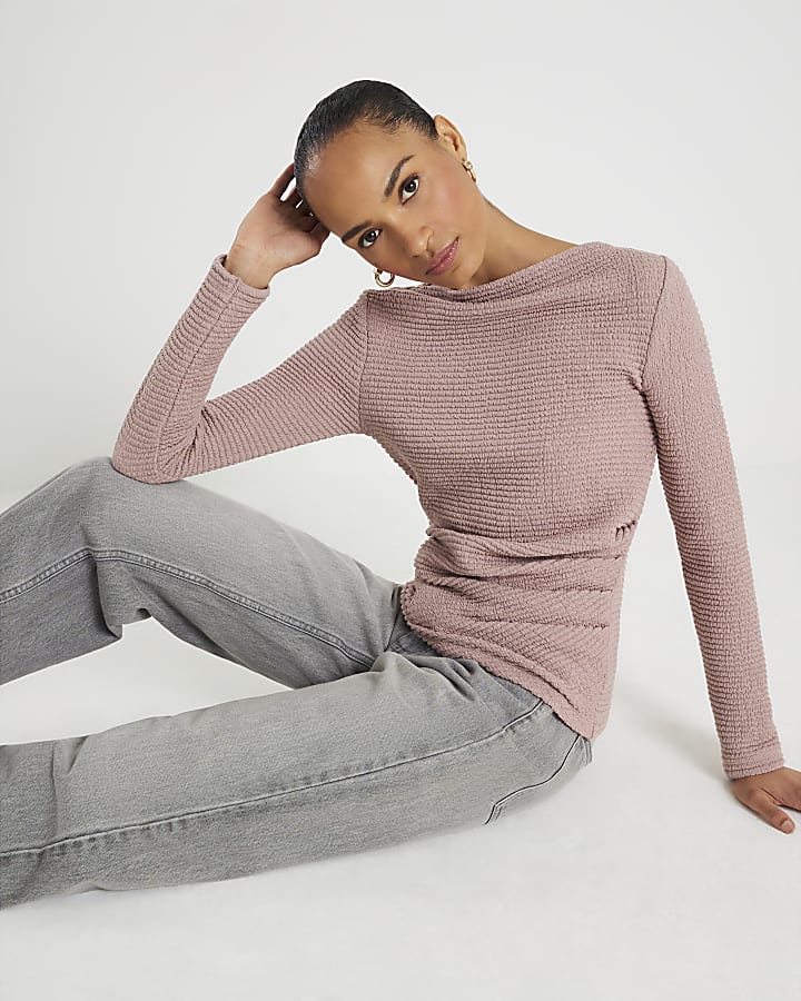 Pink Long Sleeve Waffle Textured Drape Top