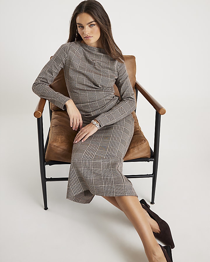 Brown Check Pleated Top