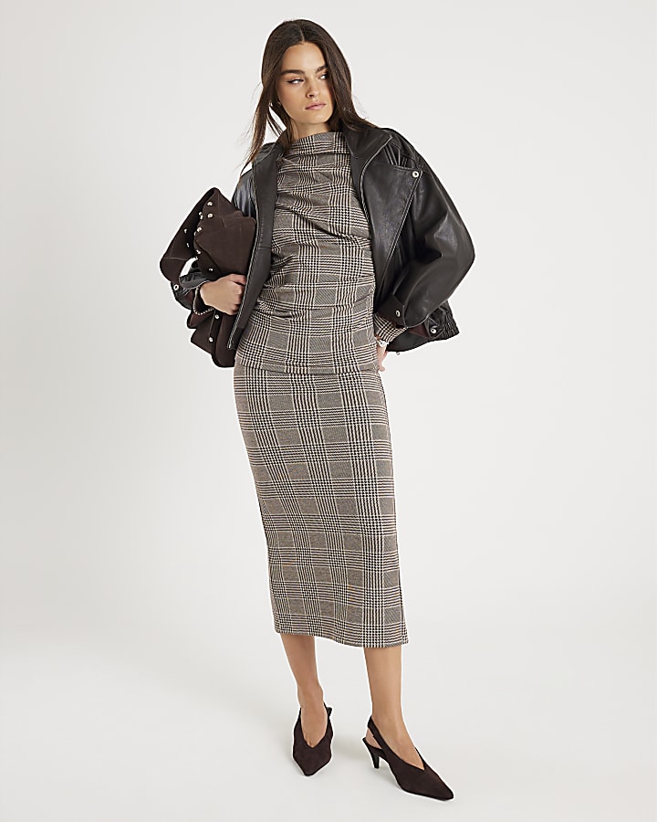 Brown Check Pleated Top