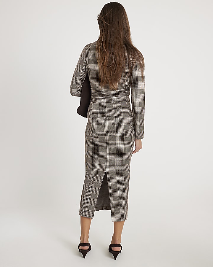 Brown Check Fitted Midi Skirt
