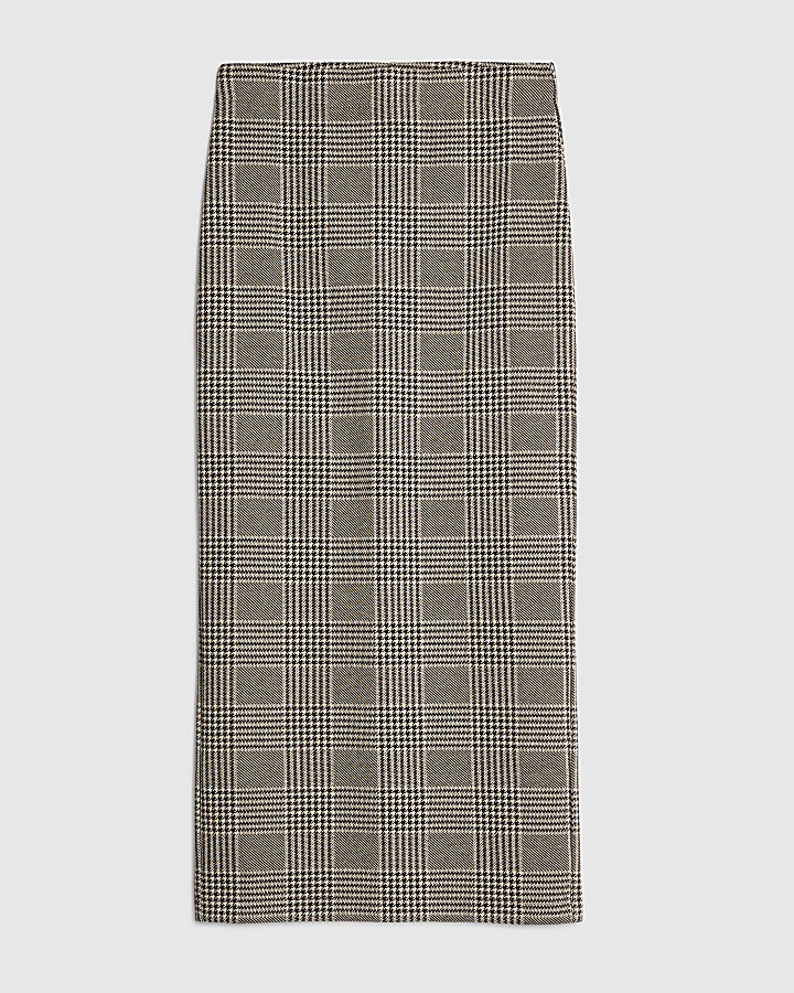 Brown Check Fitted Midi Skirt