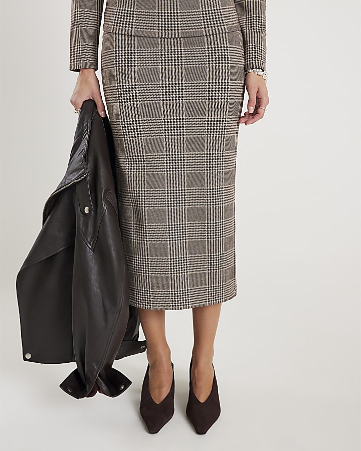 Brown Check Fitted Midi Skirt