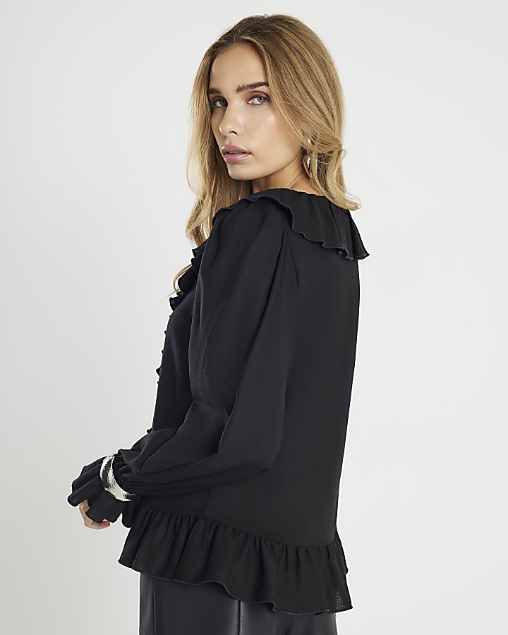 Black Long Sleeve Ruffle Blouse