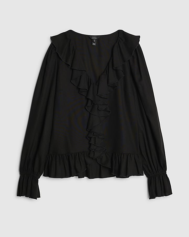 Black Long Sleeve Ruffle Blouse