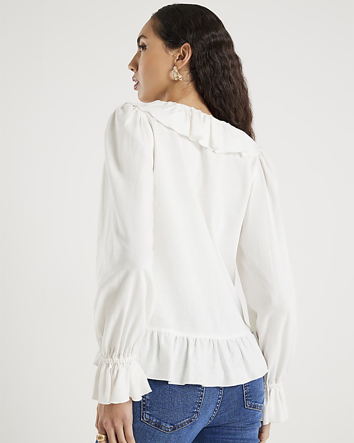 Cream Long Sleeve Ruffle Blouse