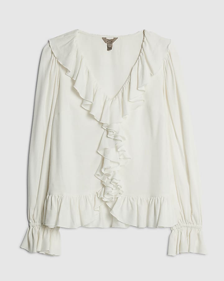 Cream Long Sleeve Ruffle Blouse