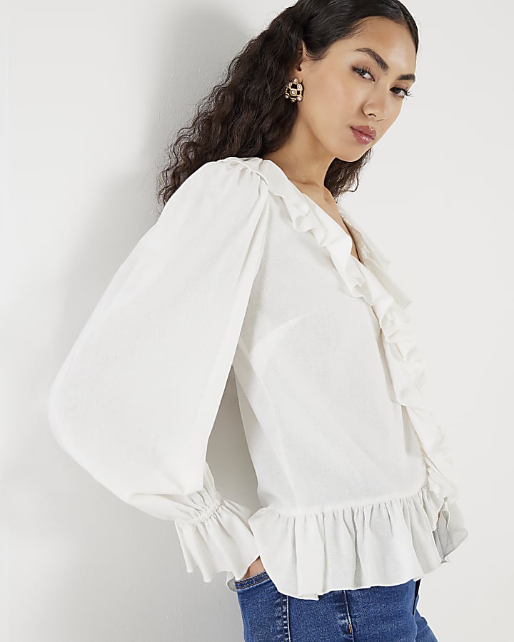 Cream Long Sleeve Ruffle Blouse