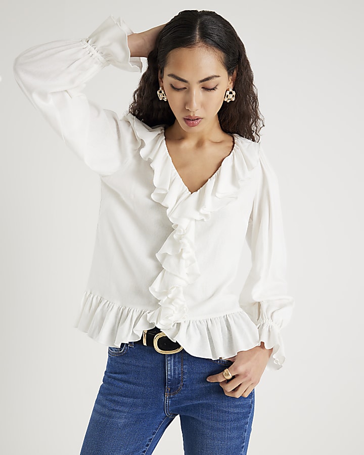 Cream Long Sleeve Ruffle Blouse