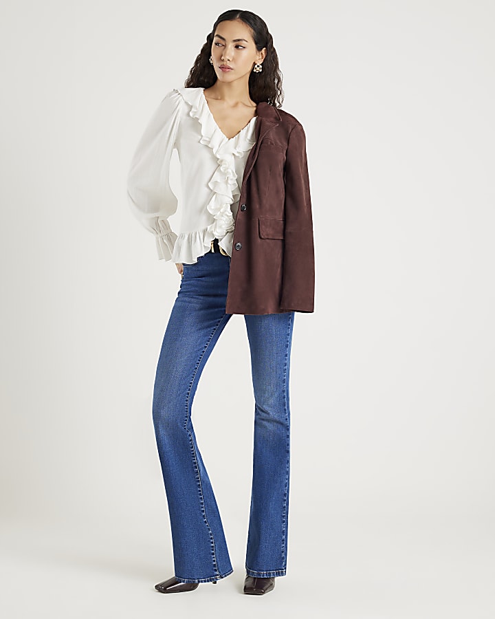 Cream Long Sleeve Ruffle Blouse