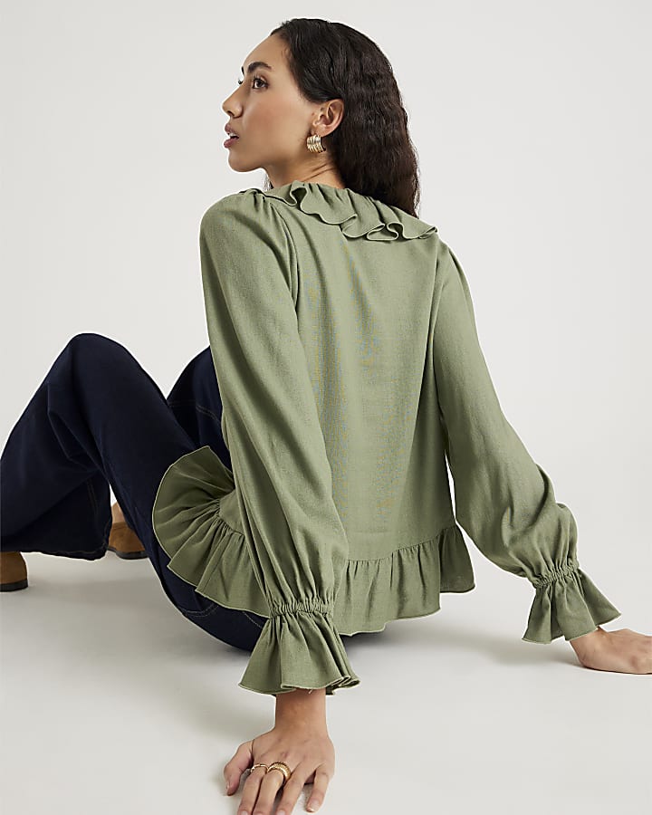 Khaki Long Sleeve Ruffle Blouse