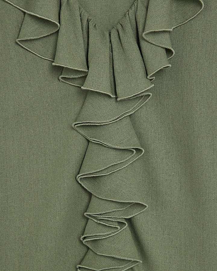 Khaki Long Sleeve Ruffle Blouse