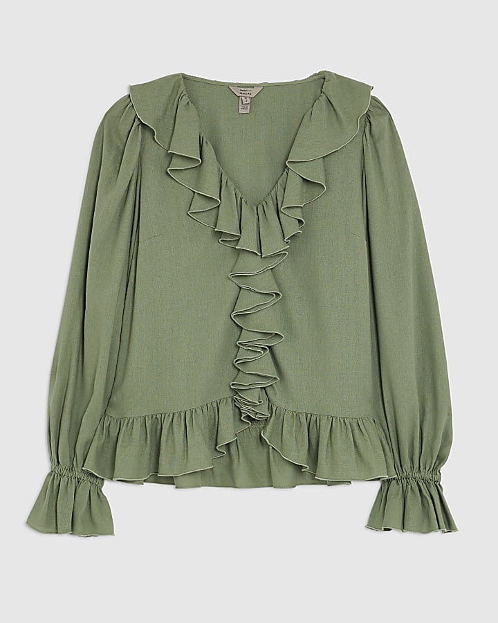 Khaki Long Sleeve Ruffle Blouse