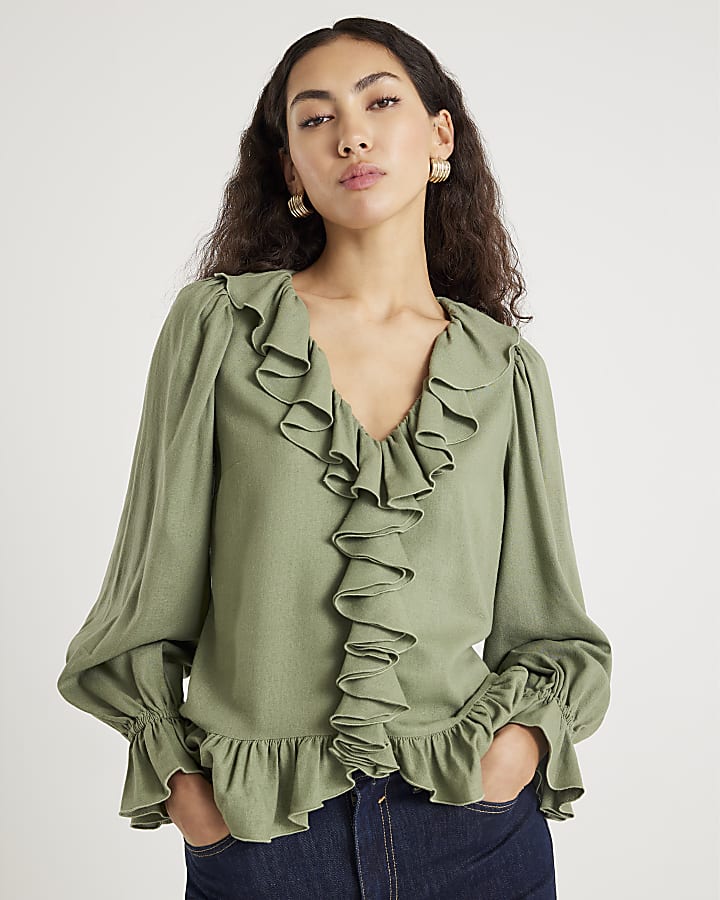 Khaki Long Sleeve Ruffle Blouse
