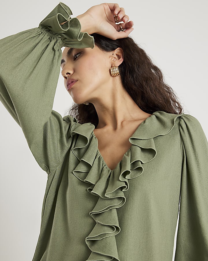 Khaki Long Sleeve Ruffle Blouse