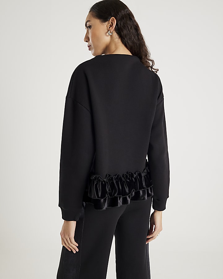 Black Long Sleeve Velvet Trim Sweatshirt
