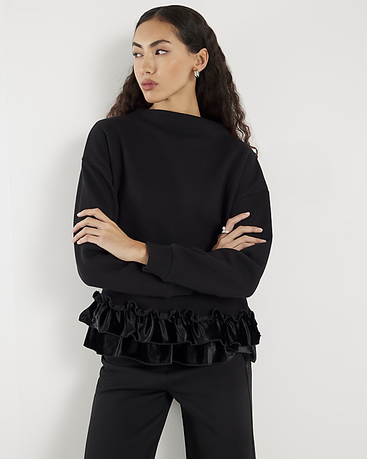 Black Long Sleeve Velvet Trim Sweatshirt