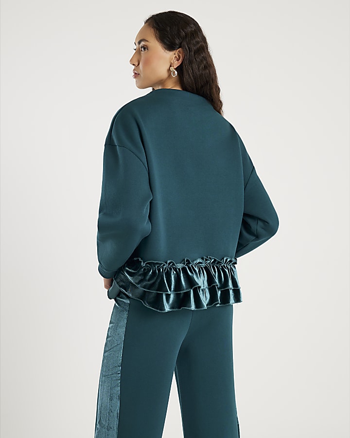 Green Long Sleeve Velvet Trim Sweatshirt