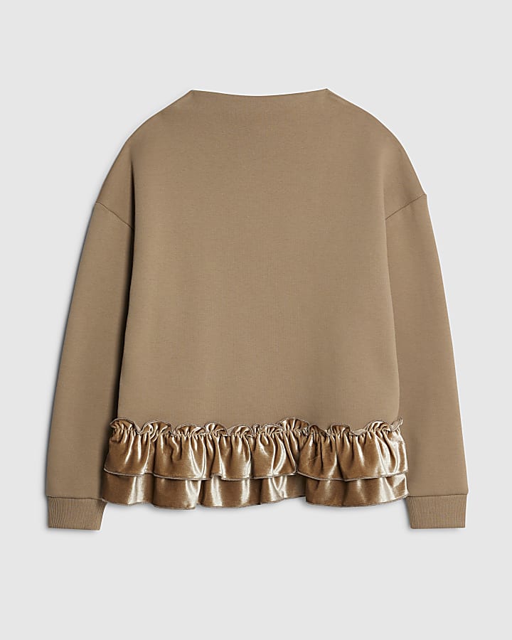 Beige Long Sleeve Velvet Trim Sweatshirt