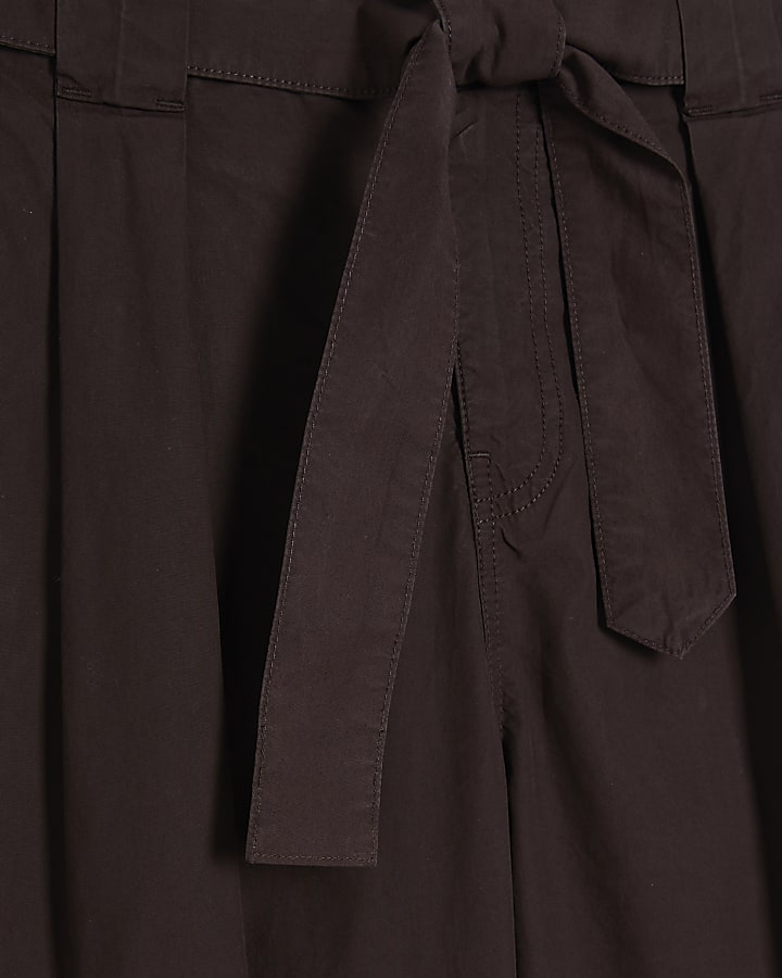 Brown Belted Wide Leg Poplin Trousers