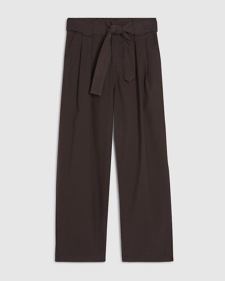 Brown Belted Wide Leg Poplin Trousers