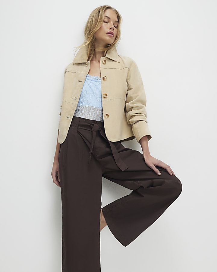 Brown Belted Wide Leg Trousers