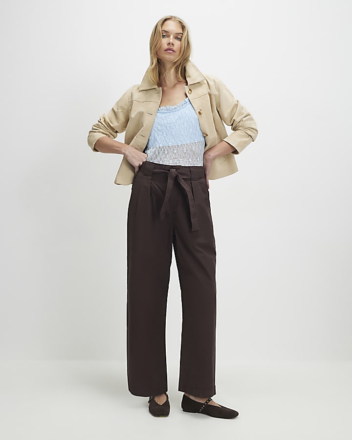 Brown Belted Wide Leg Trousers