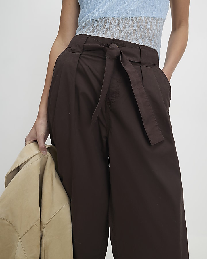 Brown Belted Wide Leg Trousers