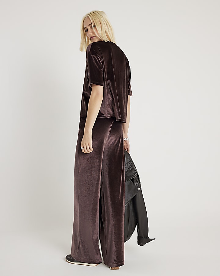 Brown Velvet Wide Leg Joggers