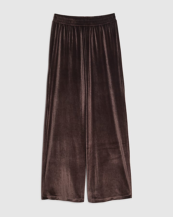 Brown Velvet Wide Leg Joggers
