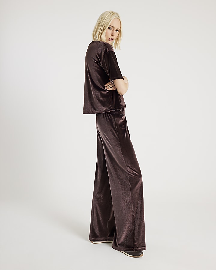 Brown Velvet Wide Leg Joggers