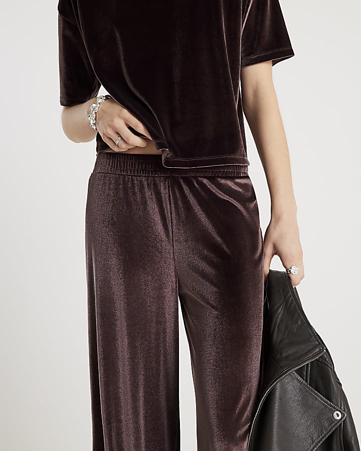 Brown Velvet Wide Leg Joggers