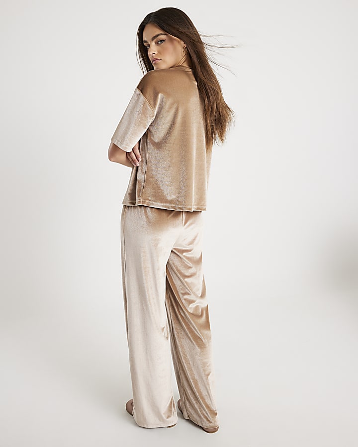 Beige Velvet Wide Leg Joggers
