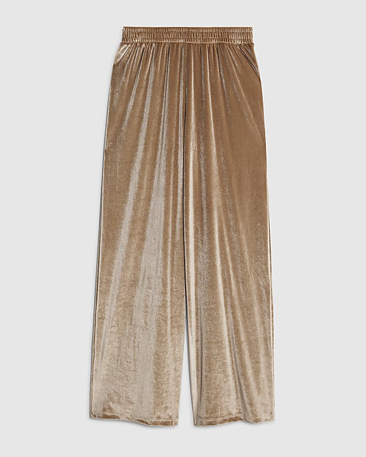 Beige Velvet Wide Leg Joggers