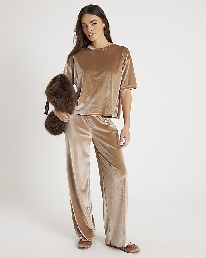 Beige Velvet Wide Leg Joggers