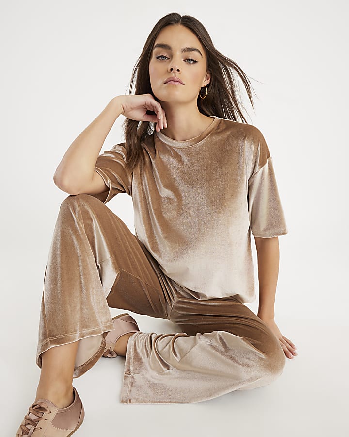 Beige Velvet Wide Leg Joggers